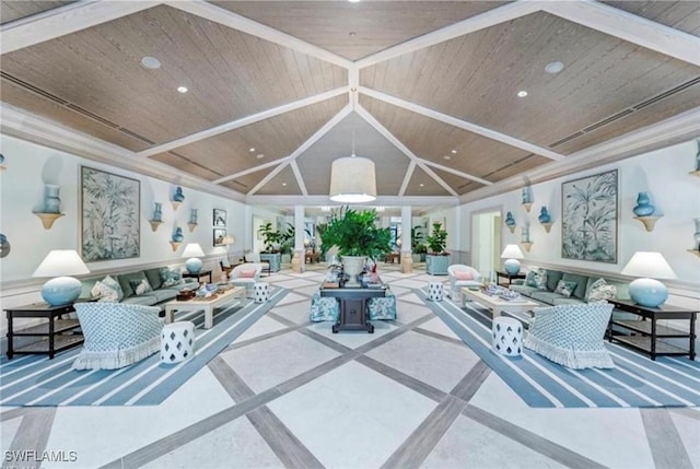 living room featuring vaulted ceiling and wooden ceiling