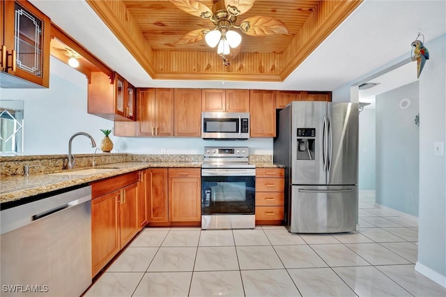 kitchen with a tray ceiling, stainless steel appliances, glass insert cabinets, wood ceiling, and a sink