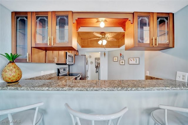 kitchen with stainless steel appliances, glass insert cabinets, a peninsula, and light stone counters