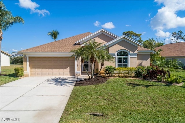 22338 Fountain Lakes Blvd, Estero, FL 33928 - ranch-style house featuring an attached garage, concrete driveway, roof with shingles, stucco siding, and a front yard