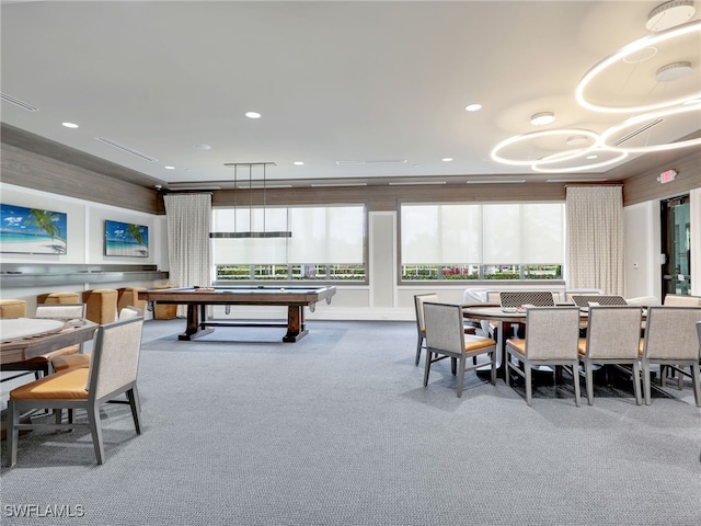 dining space featuring pool table and carpet floors