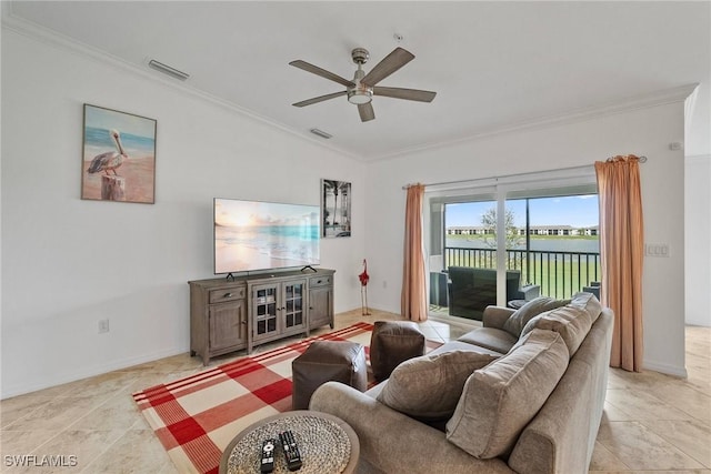 tiled living room featuring ornamental molding and ceiling fan