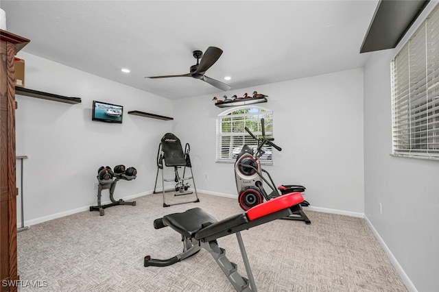 workout area featuring recessed lighting, baseboards, and carpet flooring