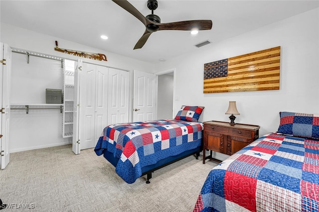 bedroom featuring visible vents, recessed lighting, a ceiling fan, and carpet