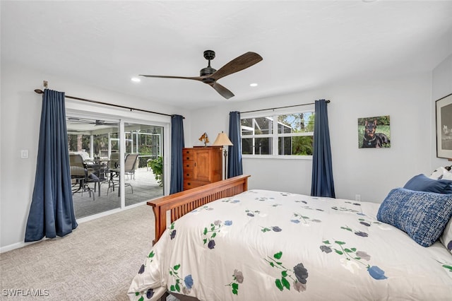 carpeted bedroom with recessed lighting, baseboards, ceiling fan, and access to outside