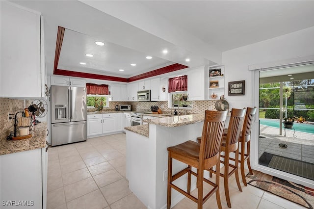 kitchen with light stone counters, a tray ceiling, stainless steel appliances, a peninsula, and decorative backsplash