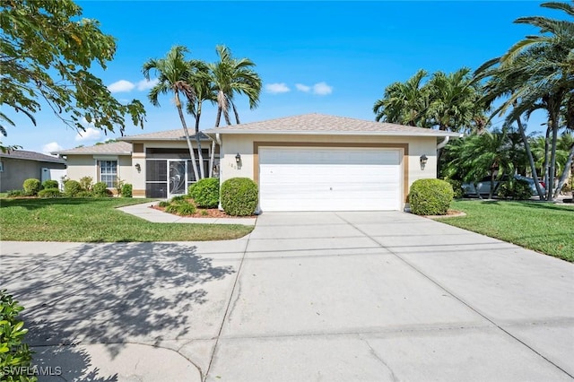 single story home with a garage and a front yard