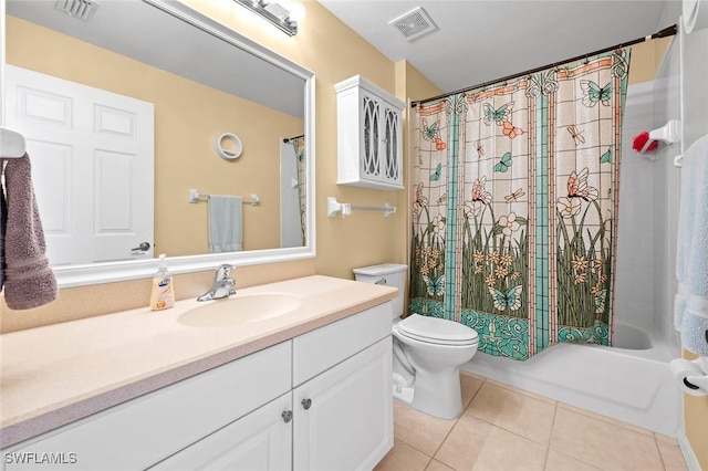 full bathroom featuring toilet, vanity, shower / bathtub combination with curtain, and tile patterned flooring