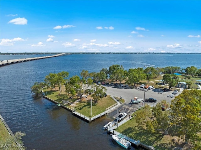 birds eye view of property featuring a water view