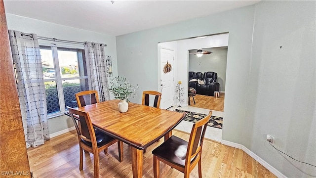 dining area featuring ceiling fan and light wood-type flooring