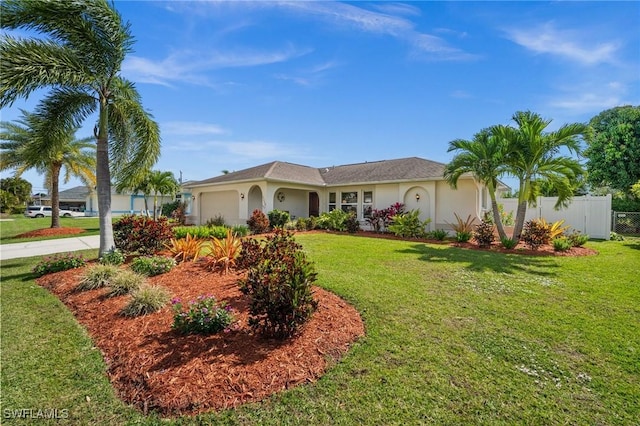 ranch-style house with a garage, a front yard, fence, and stucco siding