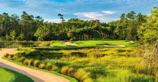 view of home's community with golf course view and a view of trees