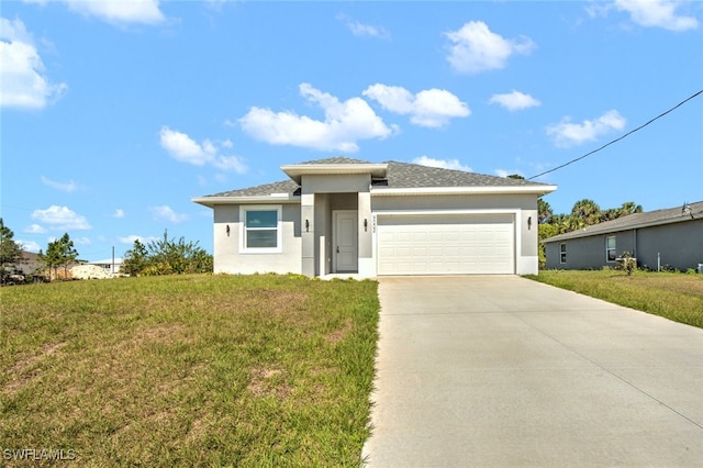 view of front of home featuring a garage, concrete driveway, a front yard, and stucco siding