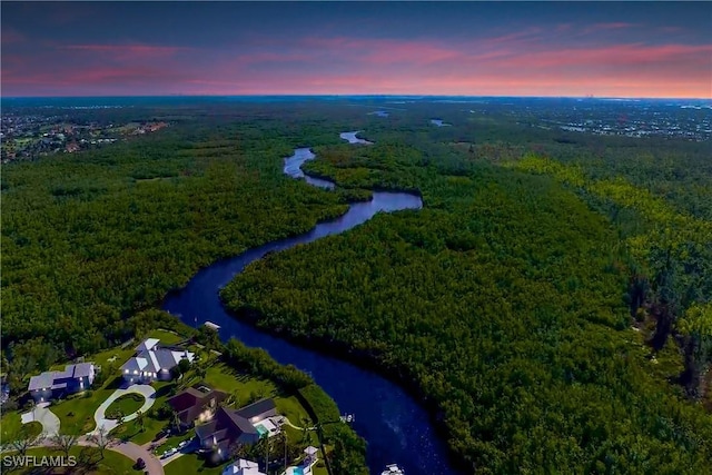 birds eye view of property with a water view and a wooded view