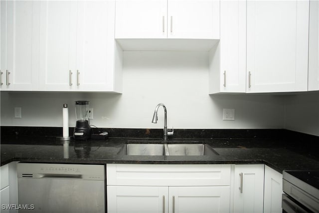 kitchen featuring white cabinetry, sink, dark stone countertops, and dishwasher
