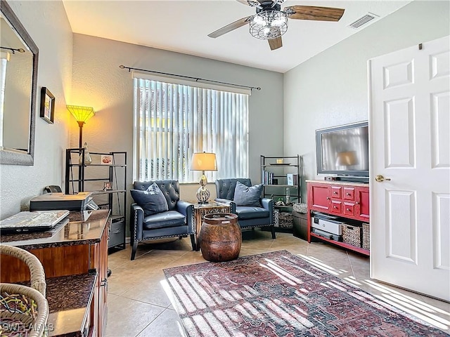 20790 Athenian Ln, North Fort Myers, FL 33917 - sitting room with a ceiling fan, visible vents, light tile patterned flooring, and a textured wall