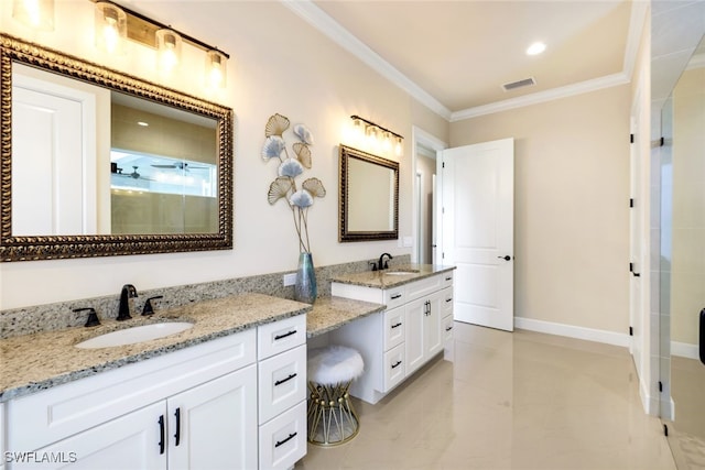 bathroom featuring vanity, crown molding, and a shower with shower door