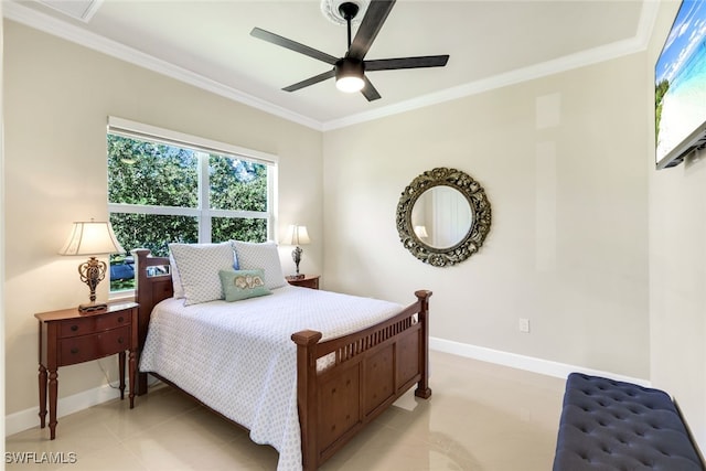 tiled bedroom featuring crown molding and ceiling fan