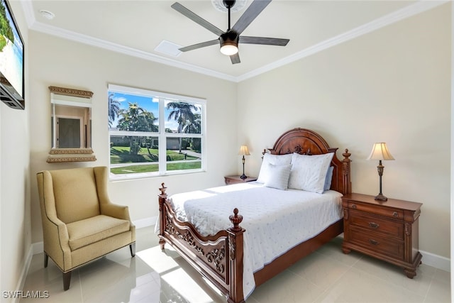 bedroom featuring light tile patterned floors, ornamental molding, and ceiling fan