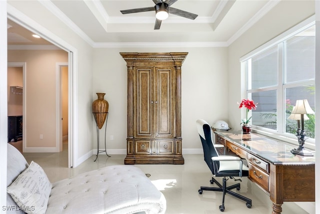 office with crown molding, ceiling fan, and a raised ceiling