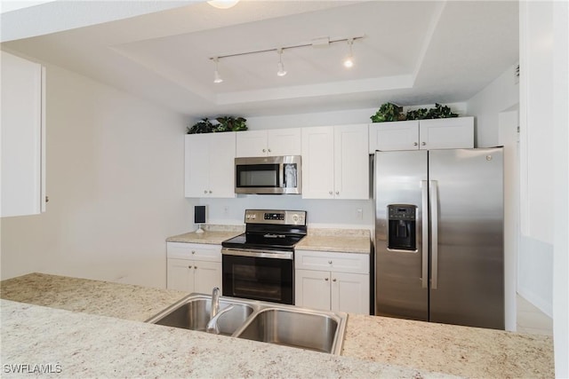 kitchen with white cabinetry, appliances with stainless steel finishes, a tray ceiling, and sink