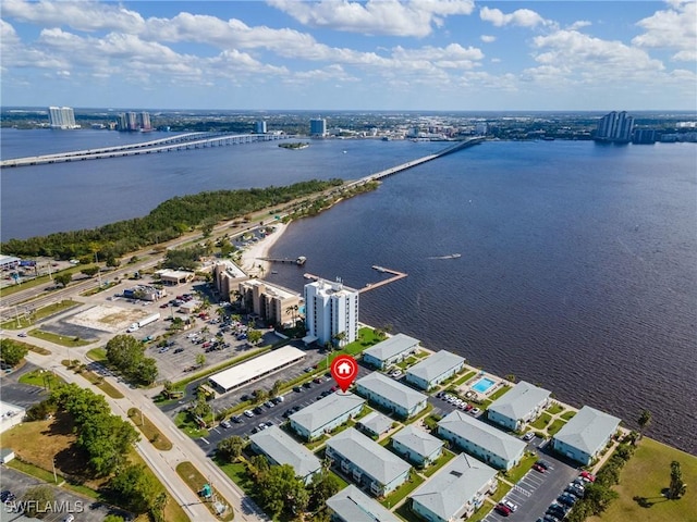 drone / aerial view featuring a water view