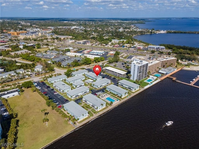 drone / aerial view with a water view