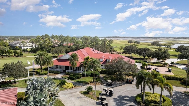 drone / aerial view with a water view