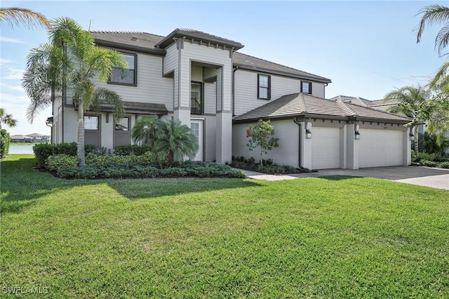 view of front of home featuring a garage, concrete driveway, and a front yard