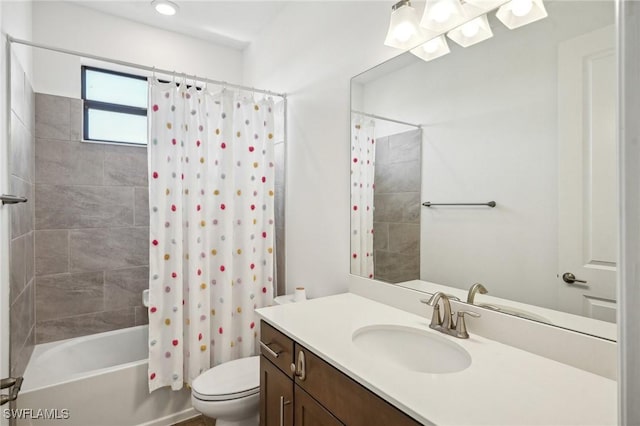 bathroom with toilet, vanity, and shower / bathtub combination with curtain