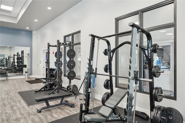 exercise room featuring recessed lighting, baseboards, and wood finished floors