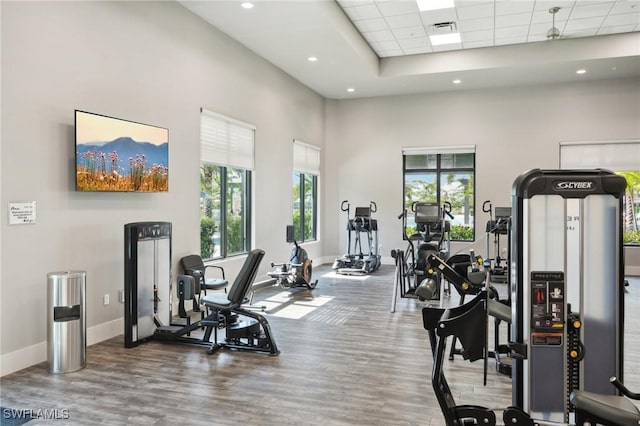 workout area featuring wood finished floors, visible vents, plenty of natural light, and a towering ceiling