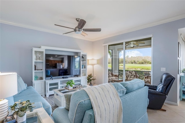 living room featuring ornamental molding, light tile patterned flooring, and a ceiling fan