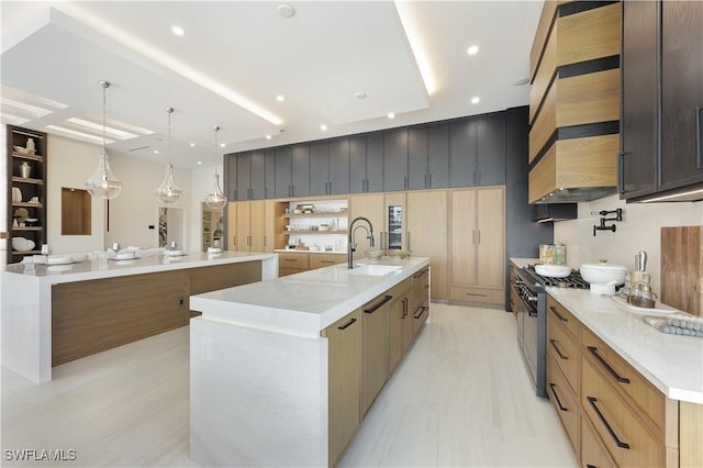 kitchen with a spacious island, recessed lighting, a sink, and high end stainless steel range