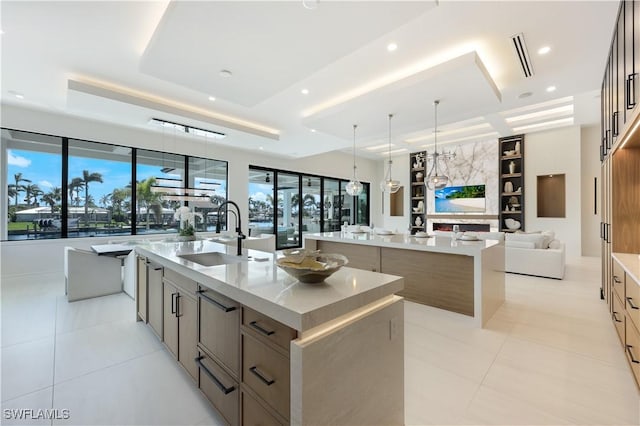 kitchen featuring a sink, plenty of natural light, a tray ceiling, and a large island with sink