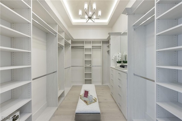 walk in closet with a notable chandelier, a raised ceiling, and light wood-style floors