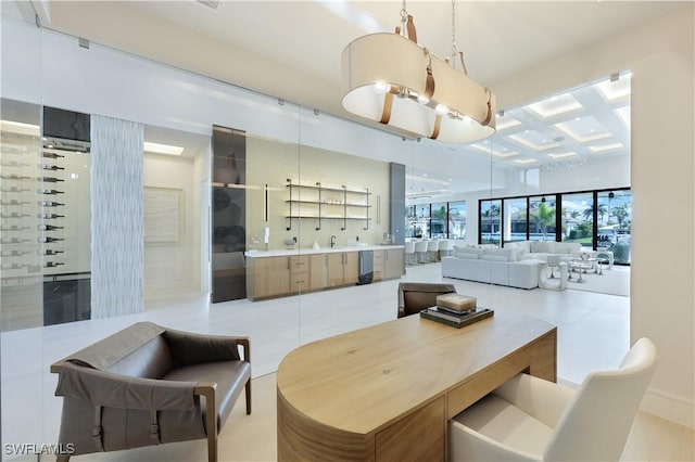 dining area with beam ceiling and coffered ceiling