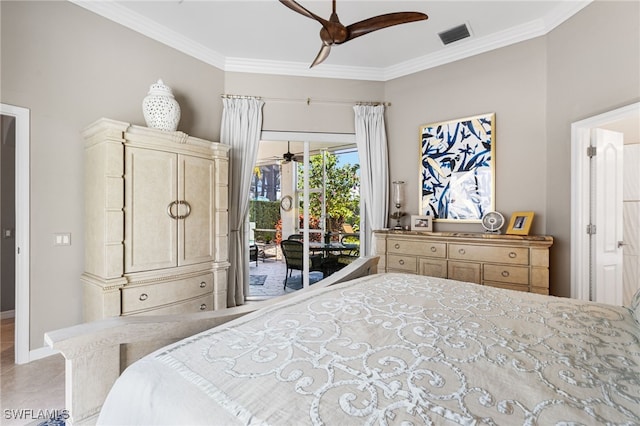 tiled bedroom with visible vents, baseboards, a ceiling fan, access to exterior, and ornamental molding