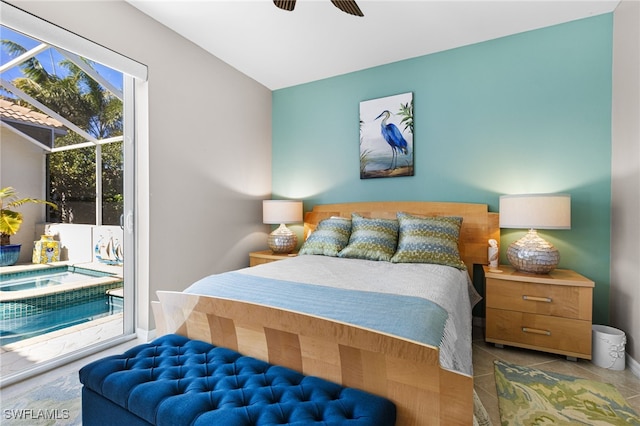 bedroom featuring access to exterior, a ceiling fan, and tile patterned floors