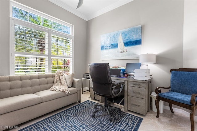 office with light tile patterned flooring and crown molding