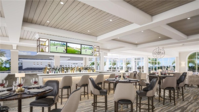 interior space featuring a wealth of natural light, coffered ceiling, and beamed ceiling