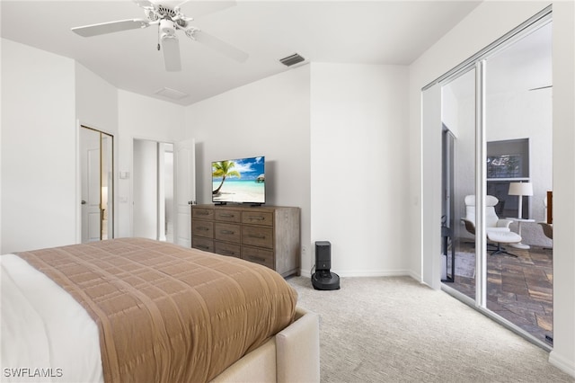 bedroom featuring a ceiling fan, carpet flooring, visible vents, and baseboards