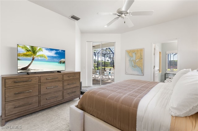 bedroom featuring a ceiling fan, light colored carpet, visible vents, and access to exterior