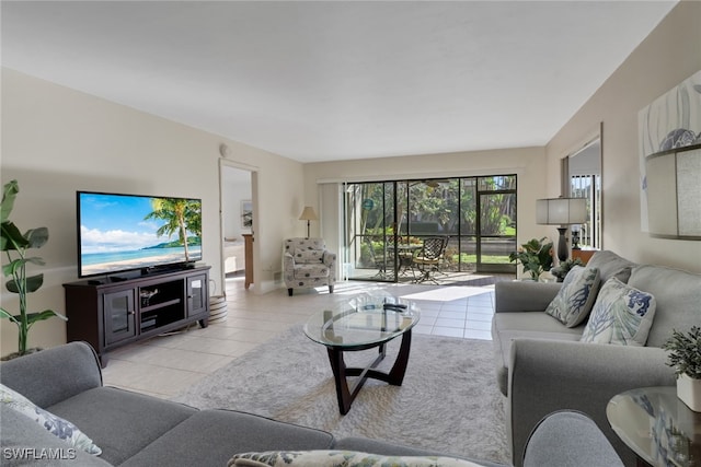 living area featuring light tile patterned flooring