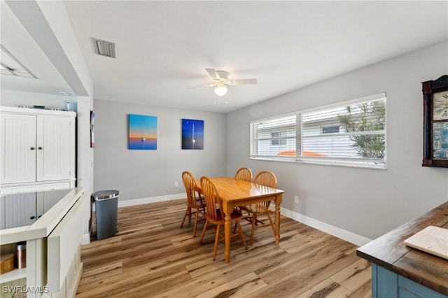 2084 Coral Point Dr, Cape Coral, FL 33990 - dining room featuring visible vents, baseboards, a ceiling fan, and light wood finished floors