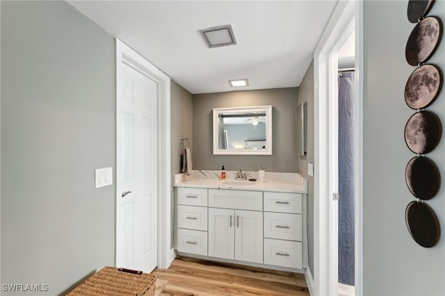 bathroom with vanity and hardwood / wood-style floors