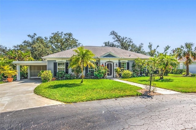 view of front of home with an attached carport, driveway, a front yard, and stucco siding