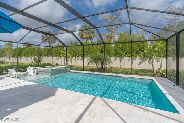 view of pool featuring a lanai, an in ground hot tub, and a patio