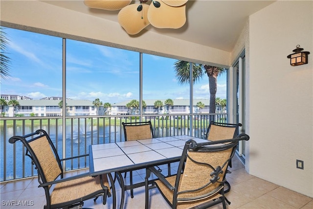 sunroom / solarium with a water view