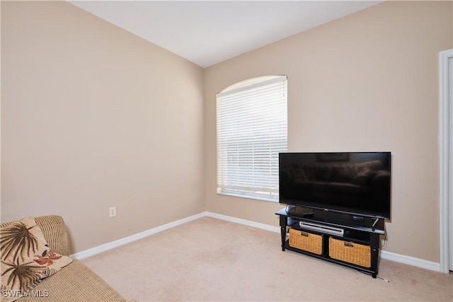 living area featuring carpet and vaulted ceiling